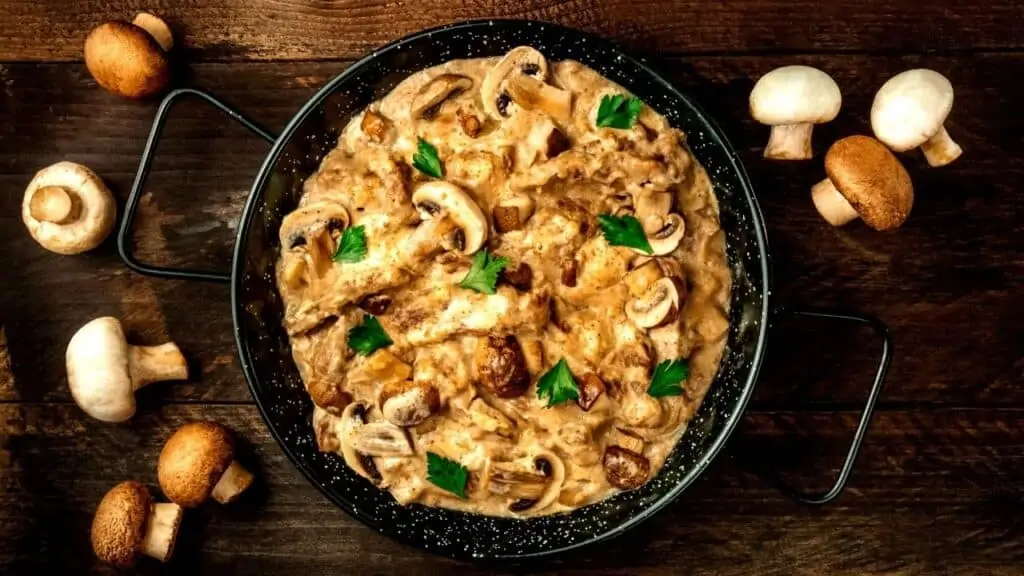 Keto Beef Stroganoff in a cast iron pan